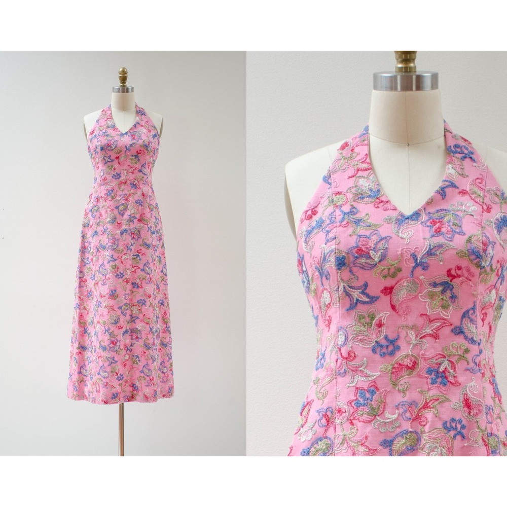 pink linen dress 60s‎ 70s vtg Leslie MacNeil floral embroidery halter maxi dress